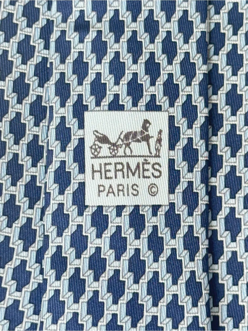 Hermès Silk Tie Blue Silver Geometric w/ Box Made in France